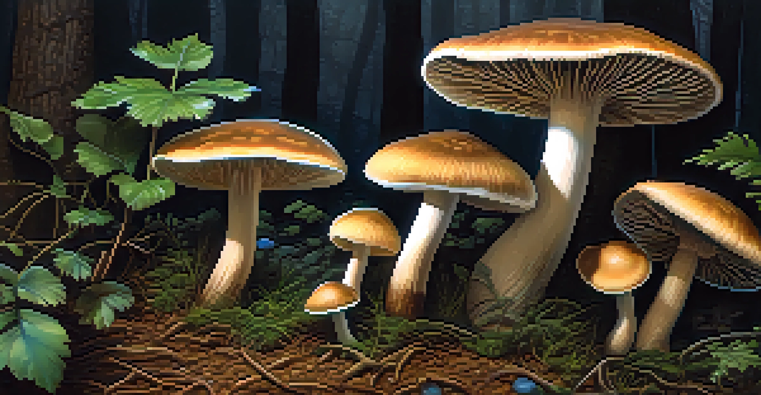 Close-up of Psilocybe mushrooms in a dark forest, showcasing intricate textures and colors.