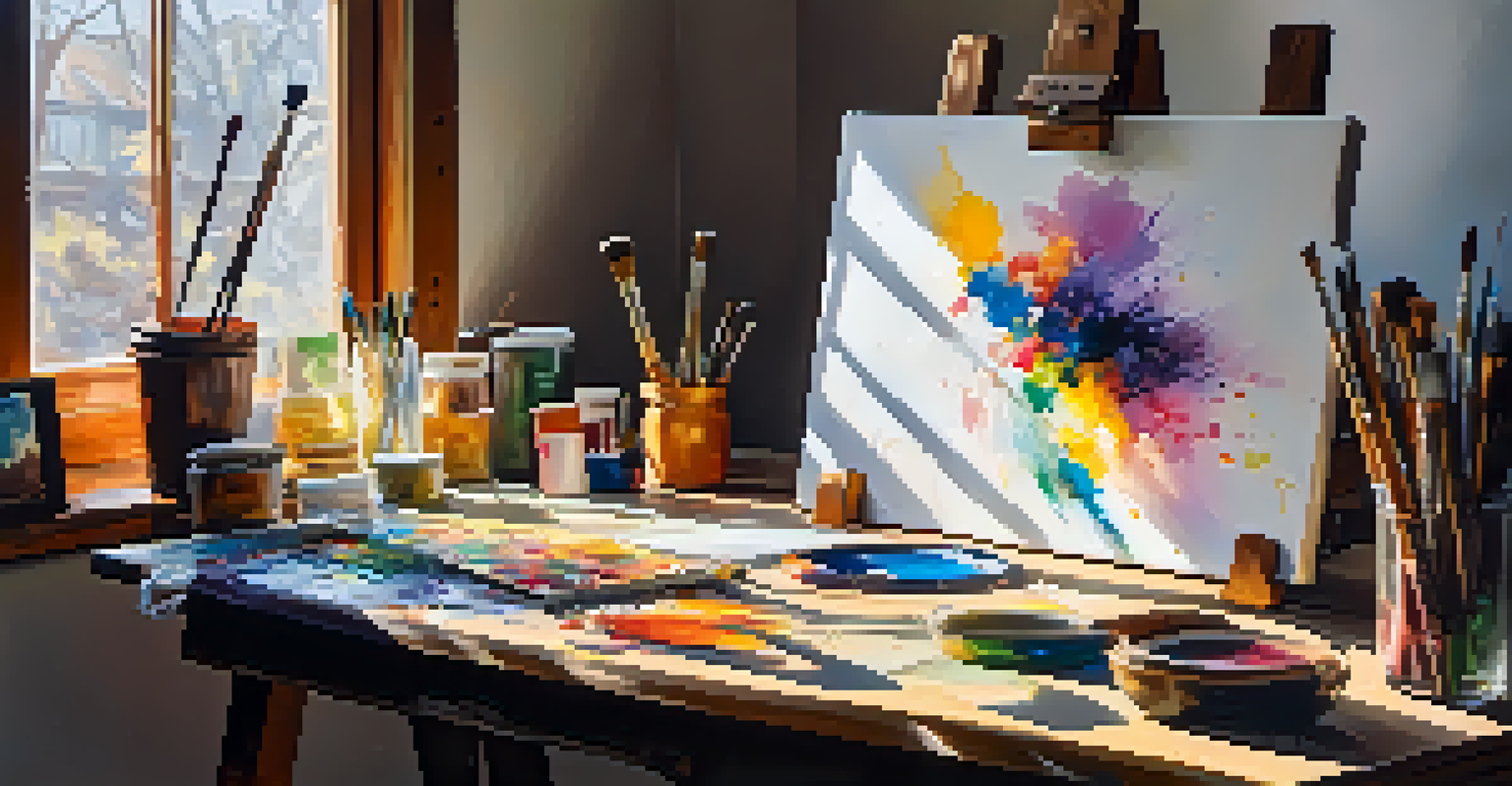 An artist's workspace with paints, brushes, and an abstract painting on a canvas illuminated by natural light.