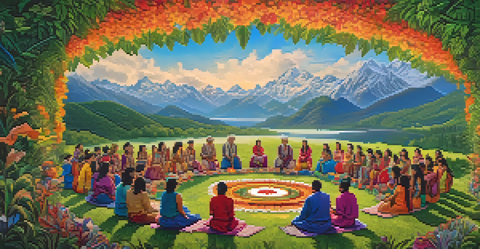 An indigenous community in a meadow performing a spiritual ceremony with traditional attire and a mandala made of natural elements.