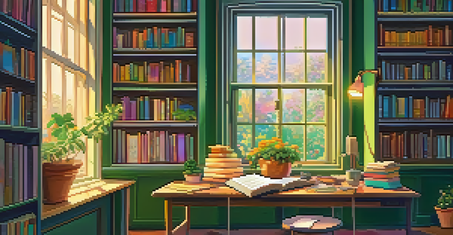 A study room with books, plants, and art supplies, bathed in warm light, overlooking a garden.