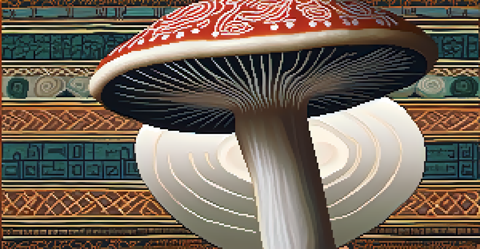 A close-up of a sacred mushroom on a woven mat with traditional symbols, surrounded by herbs and flowers.