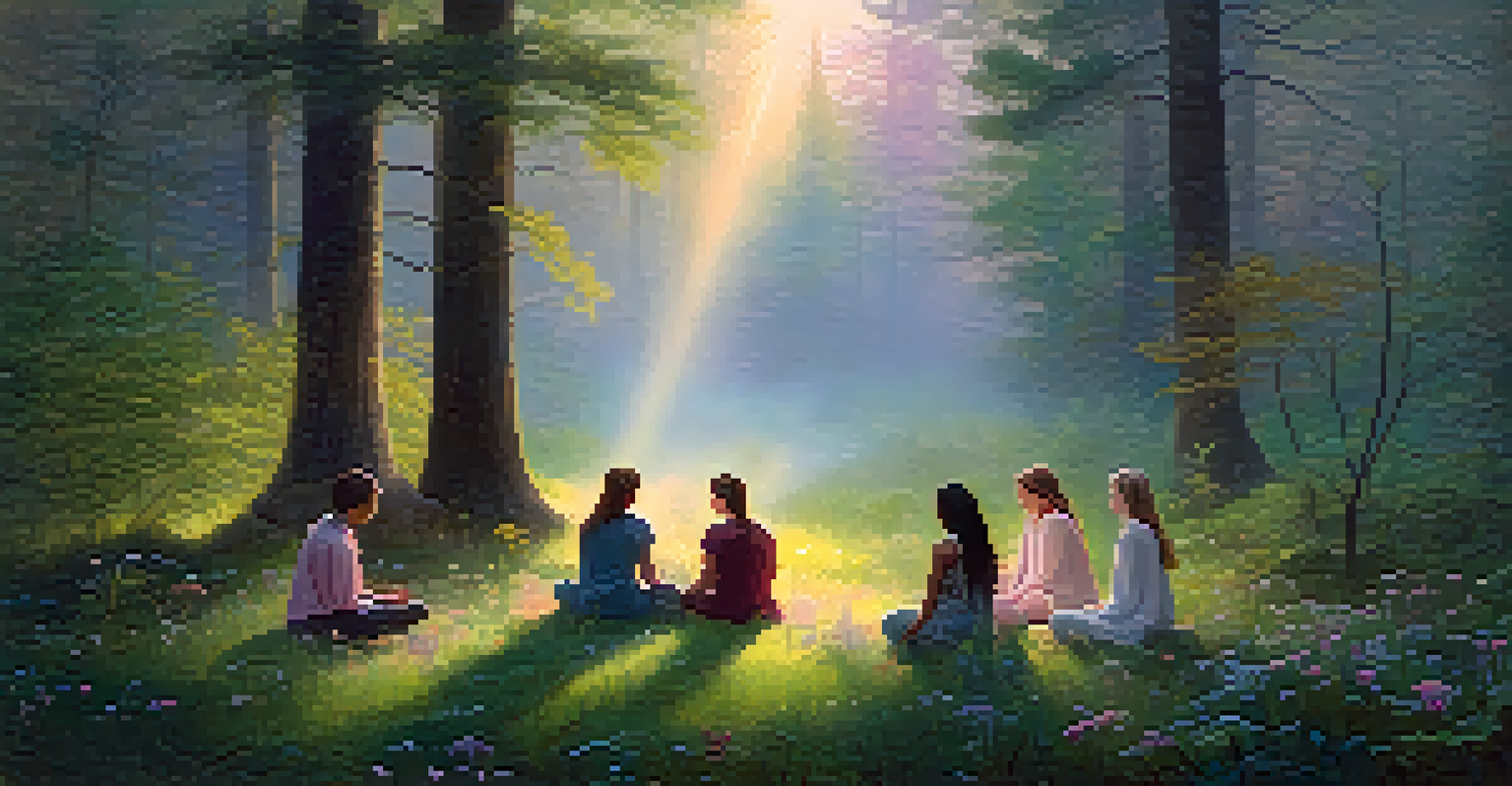 A peaceful forest at dawn with light filtering through trees, showing a group of diverse people meditating in a flower-filled clearing.
