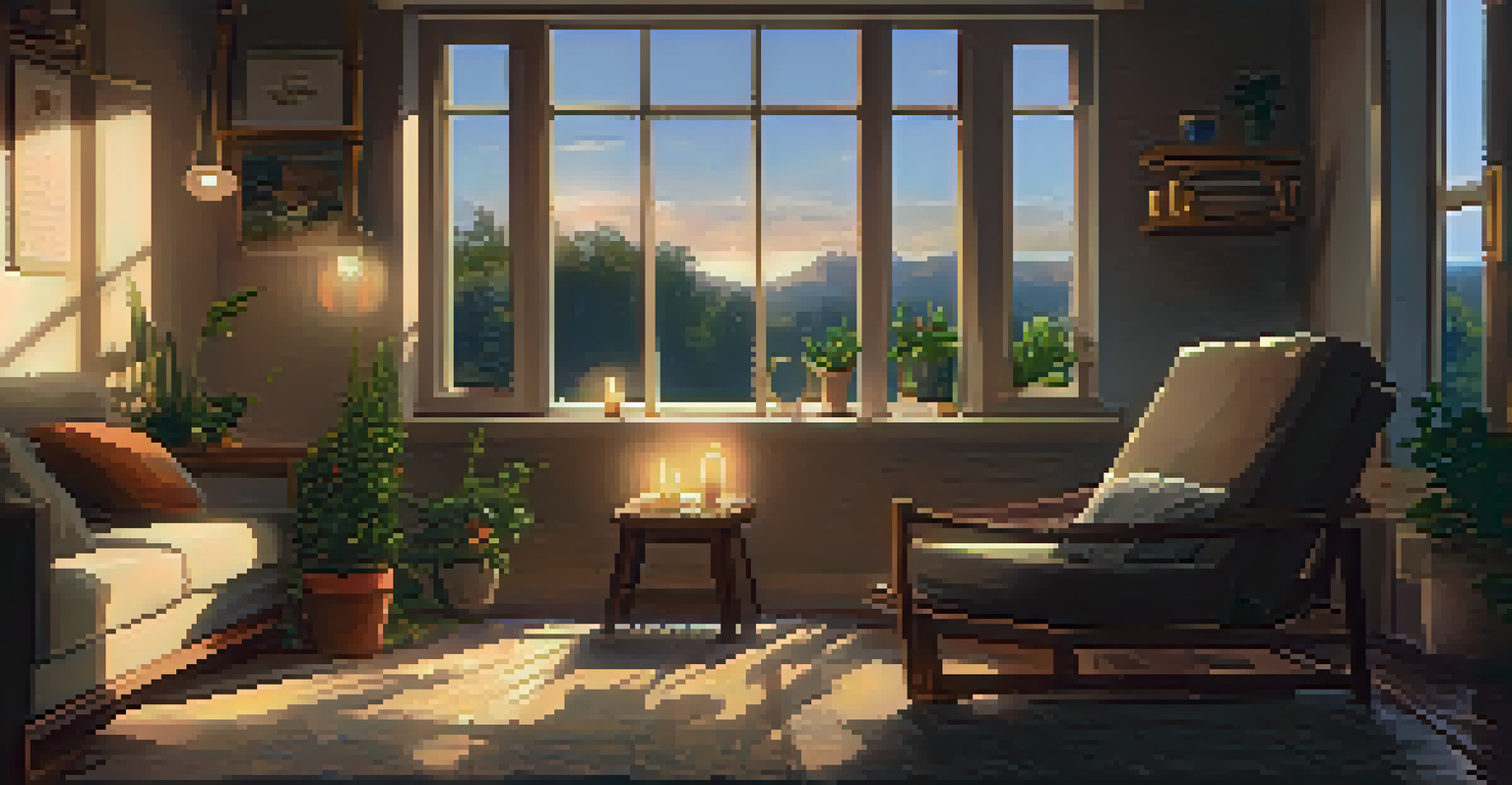 A cozy, warmly lit room with a person writing in a journal, surrounded by candles and plants.