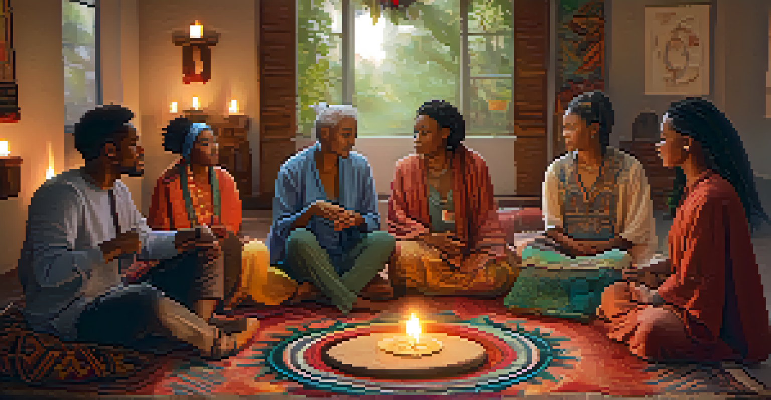 A diverse group of individuals in a healing circle, seated in a cozy space with colorful textiles and candles, sharing stories.