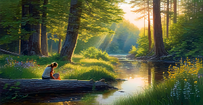 A peaceful forest with morning light, wildflowers, and a couple sitting on a blanket by a stream.