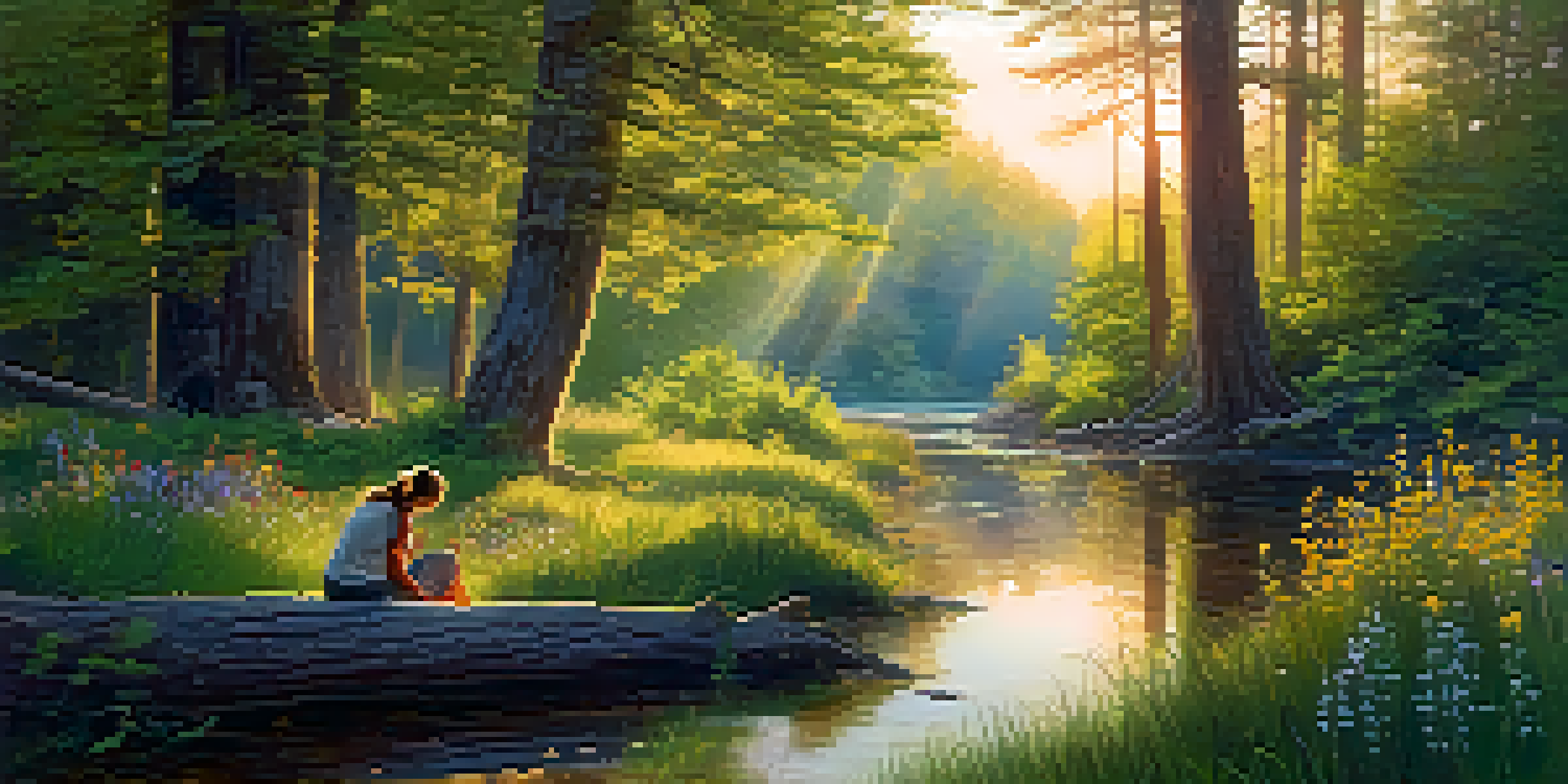A peaceful forest with morning light, wildflowers, and a couple sitting on a blanket by a stream.
