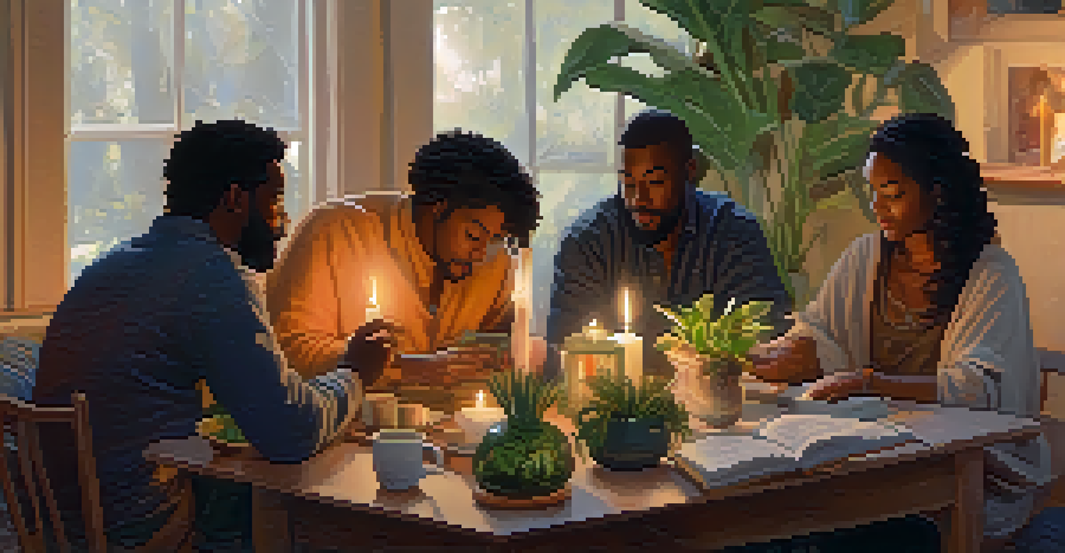 A warm, cozy room where diverse individuals are engaged in conversation with plants and candlelight.