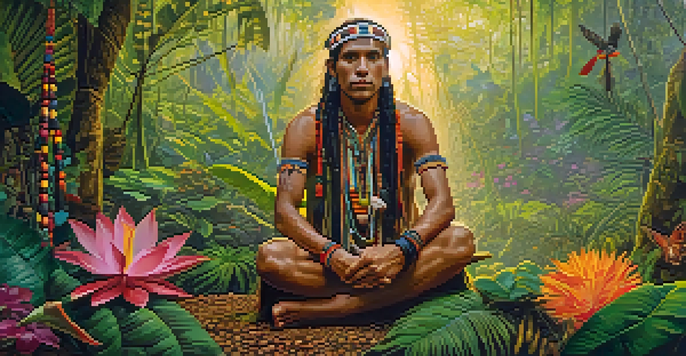 A tranquil Amazon rainforest at dawn with a shaman in colorful attire sitting cross-legged among vibrant plants and flowers.