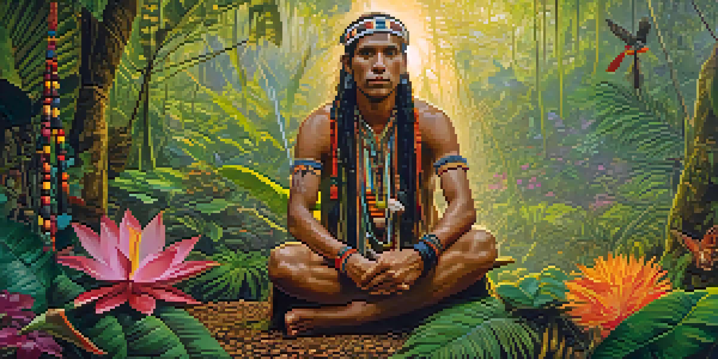 A tranquil Amazon rainforest at dawn with a shaman in colorful attire sitting cross-legged among vibrant plants and flowers.
