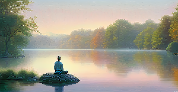 A peaceful scene with a person meditating by a tranquil lake at sunrise, surrounded by trees and mist.