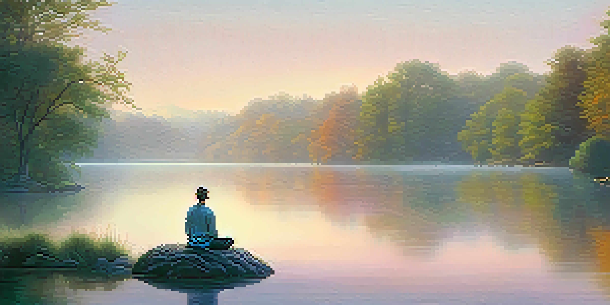 A peaceful scene with a person meditating by a tranquil lake at sunrise, surrounded by trees and mist.