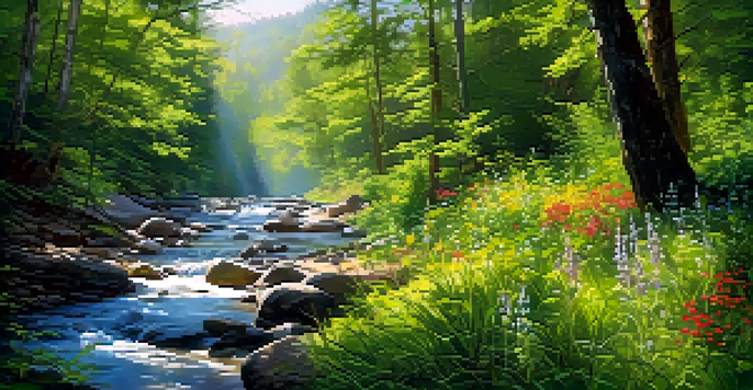 A peaceful forest scene with sunlight filtering through leaves, a stream, and colorful wildflowers.