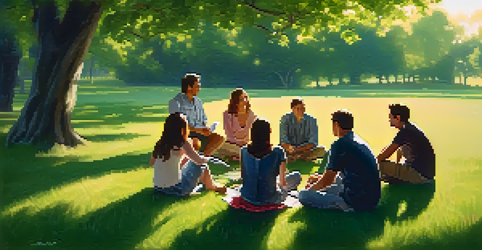 A serene gathering of people in a circle on a green meadow during sunset, sharing experiences in a warm and connected atmosphere.