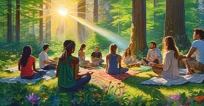 A group of diverse individuals sitting in a circle on the forest floor, illuminated by sunlight filtering through trees during golden hour, participating in a guided therapy session.