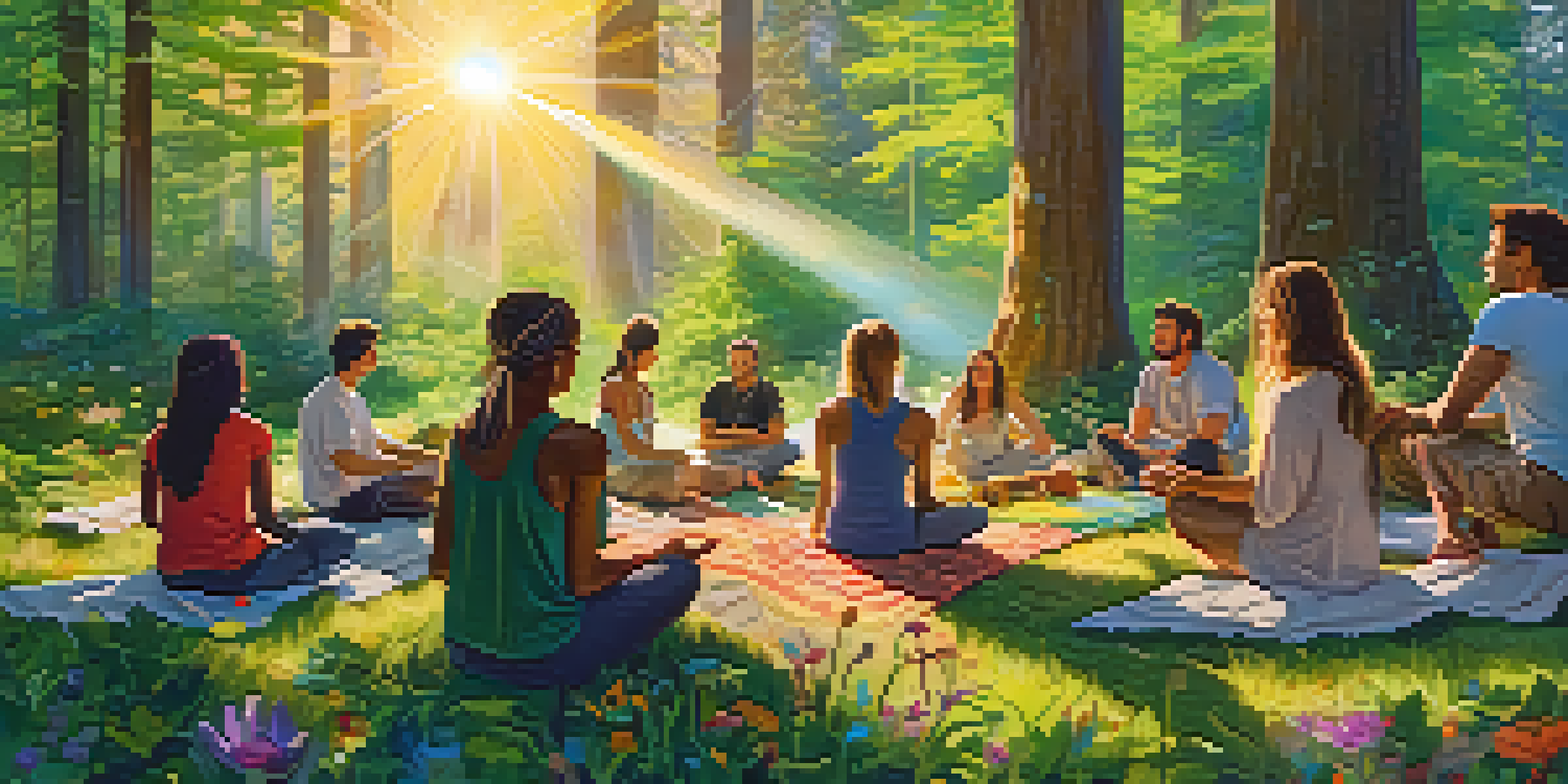 A group of diverse individuals sitting in a circle on the forest floor, illuminated by sunlight filtering through trees during golden hour, participating in a guided therapy session.