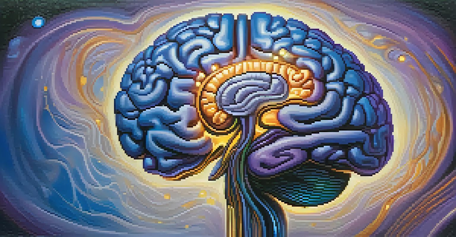 An abstract visualization of the brain during dreams, showcasing vibrant colors and illuminated neural pathways.
