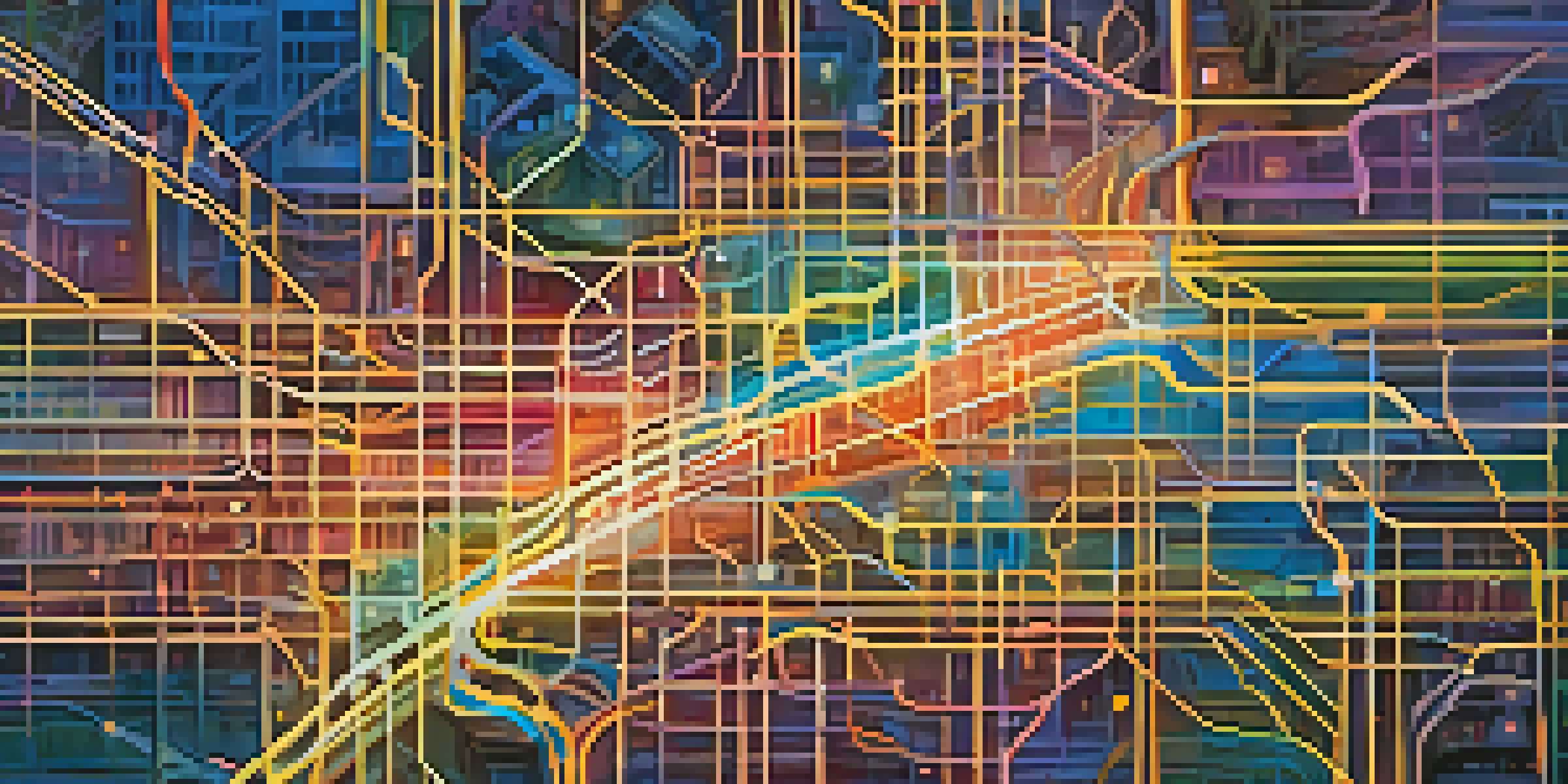 An abstract representation of neuroplasticity with a colorful city map and a glowing brain, symbolizing flexibility and growth.
