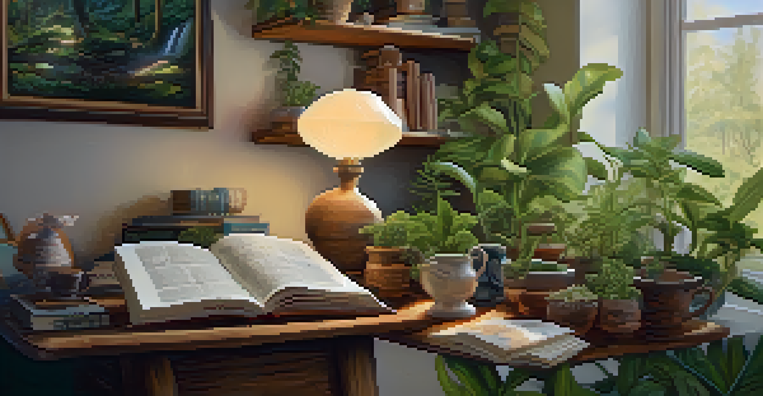 A person reading a guidebook on entheogens in a cozy room filled with plants and artwork, with a cup of herbal tea on the table.