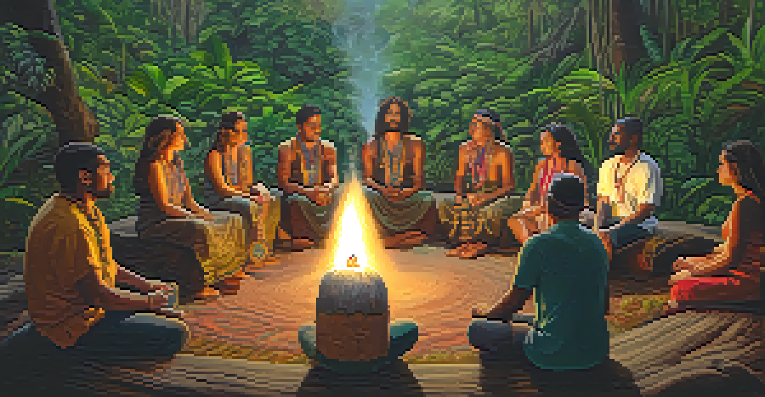 A diverse group of people in a circle during an Ayahuasca ceremony, with a shaman guiding them in a lush green setting.
