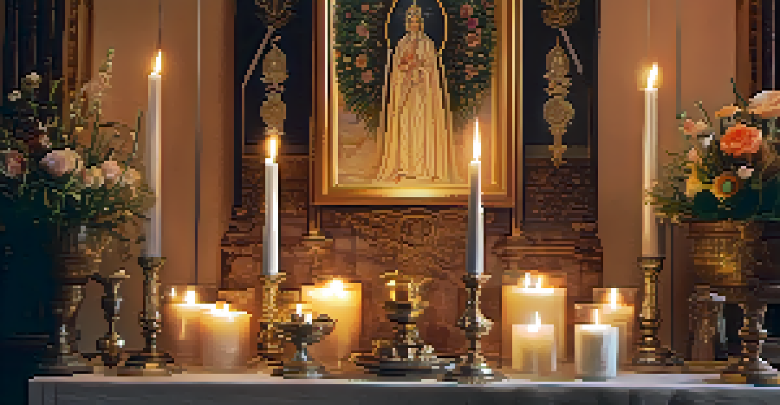A close-up of a tranquil altar with crystals, candles, and flowers illuminated by soft candlelight.