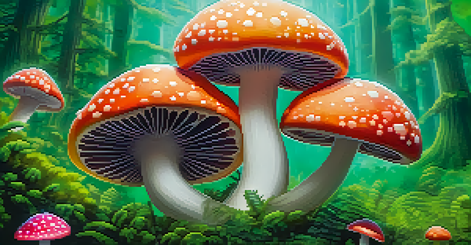 A colorful depiction of psilocybin's molecular structure with mushrooms in a lush green setting, creating a dreamlike atmosphere.