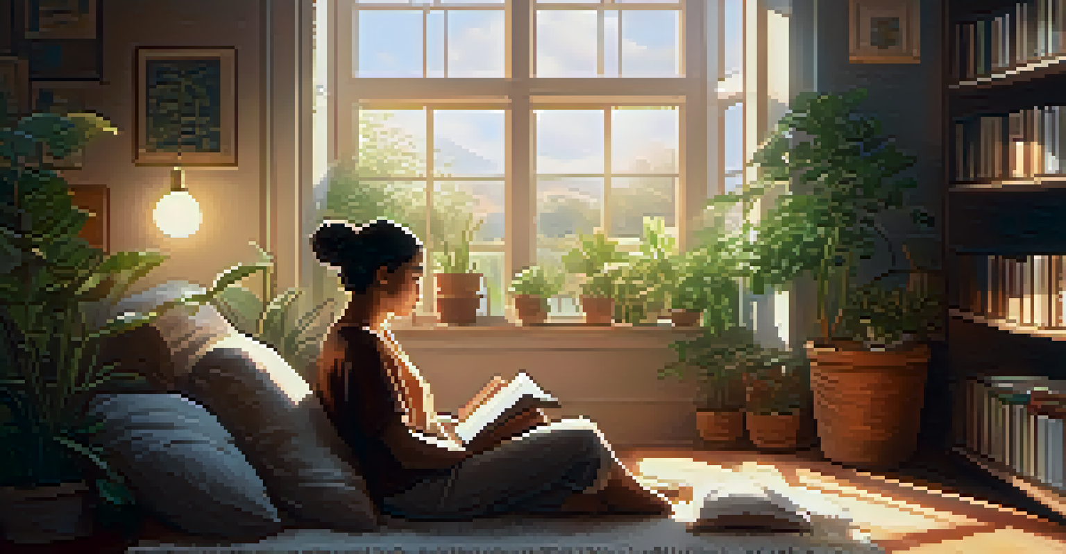 A cozy meditation space with a person sitting cross-legged, surrounded by plants and books.