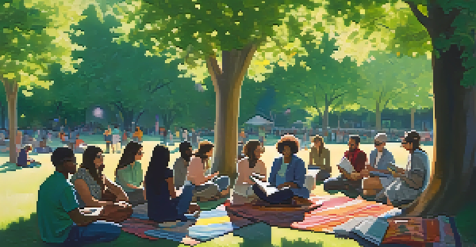 A diverse group of people sitting in a circle on colorful blankets in a park, engaged in conversation with sunlight filtering through the trees.