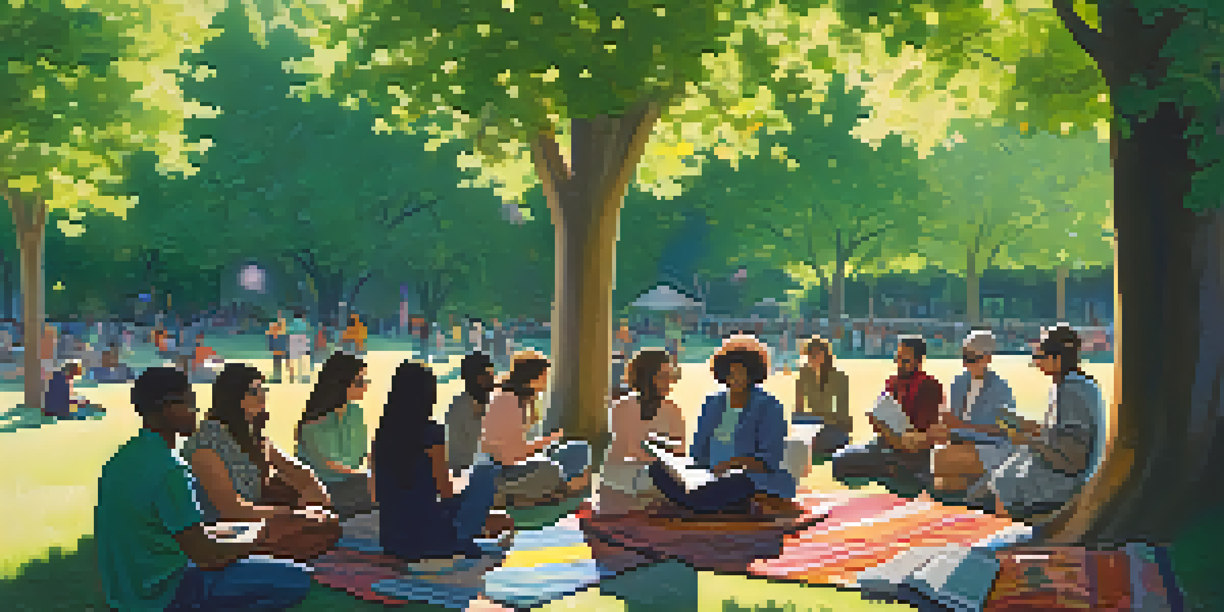 A diverse group of people sitting in a circle on colorful blankets in a park, engaged in conversation with sunlight filtering through the trees.
