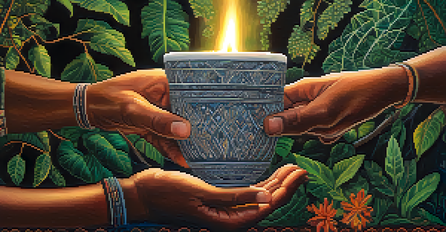Close-up of hands holding a traditional cup of ayahuasca with blurred figures participating in a ceremony in the background.
