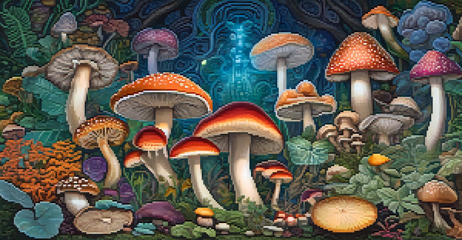A colorful artistic display of various mushrooms and herbs with psychedelic patterns in the background, showcasing intricate details and vibrant colors.
