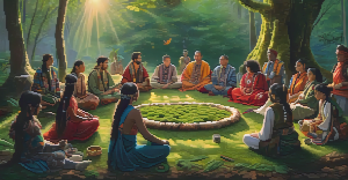 A diverse group of people sitting in a circle in a forest during sunrise, participating in a traditional entheogenic ceremony with symbolic items around them.