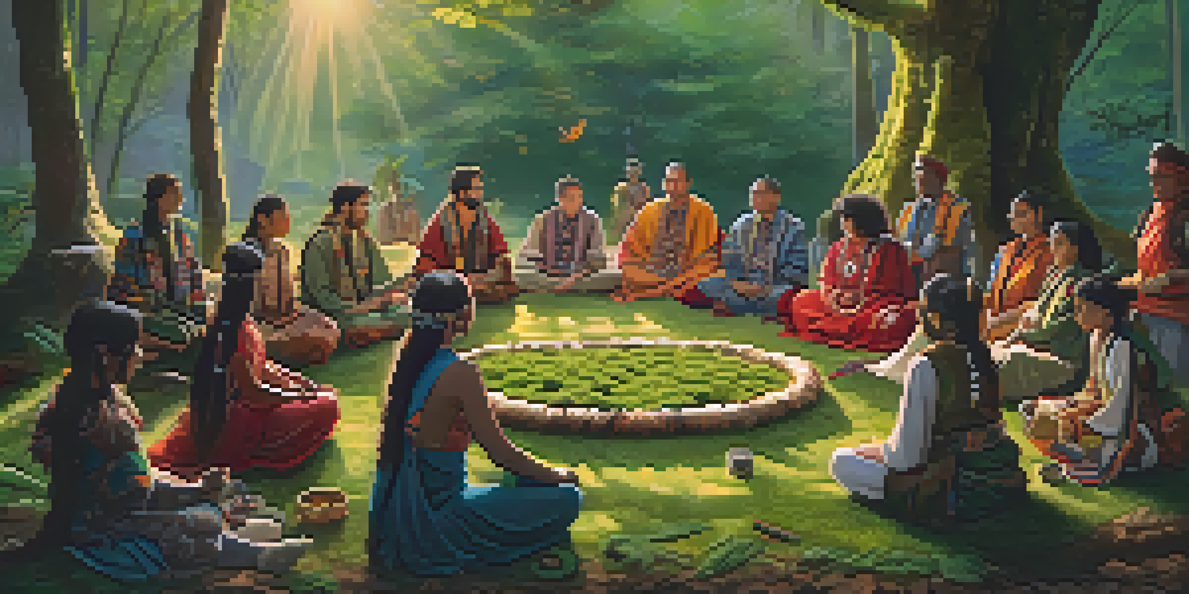A diverse group of people sitting in a circle in a forest during sunrise, participating in a traditional entheogenic ceremony with symbolic items around them.