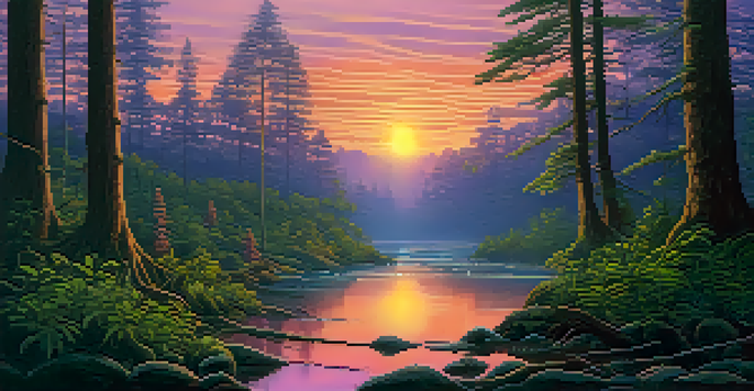 A peaceful sunset over a lush forest, showcasing sacred plants in the foreground with a tranquil river running through the landscape.