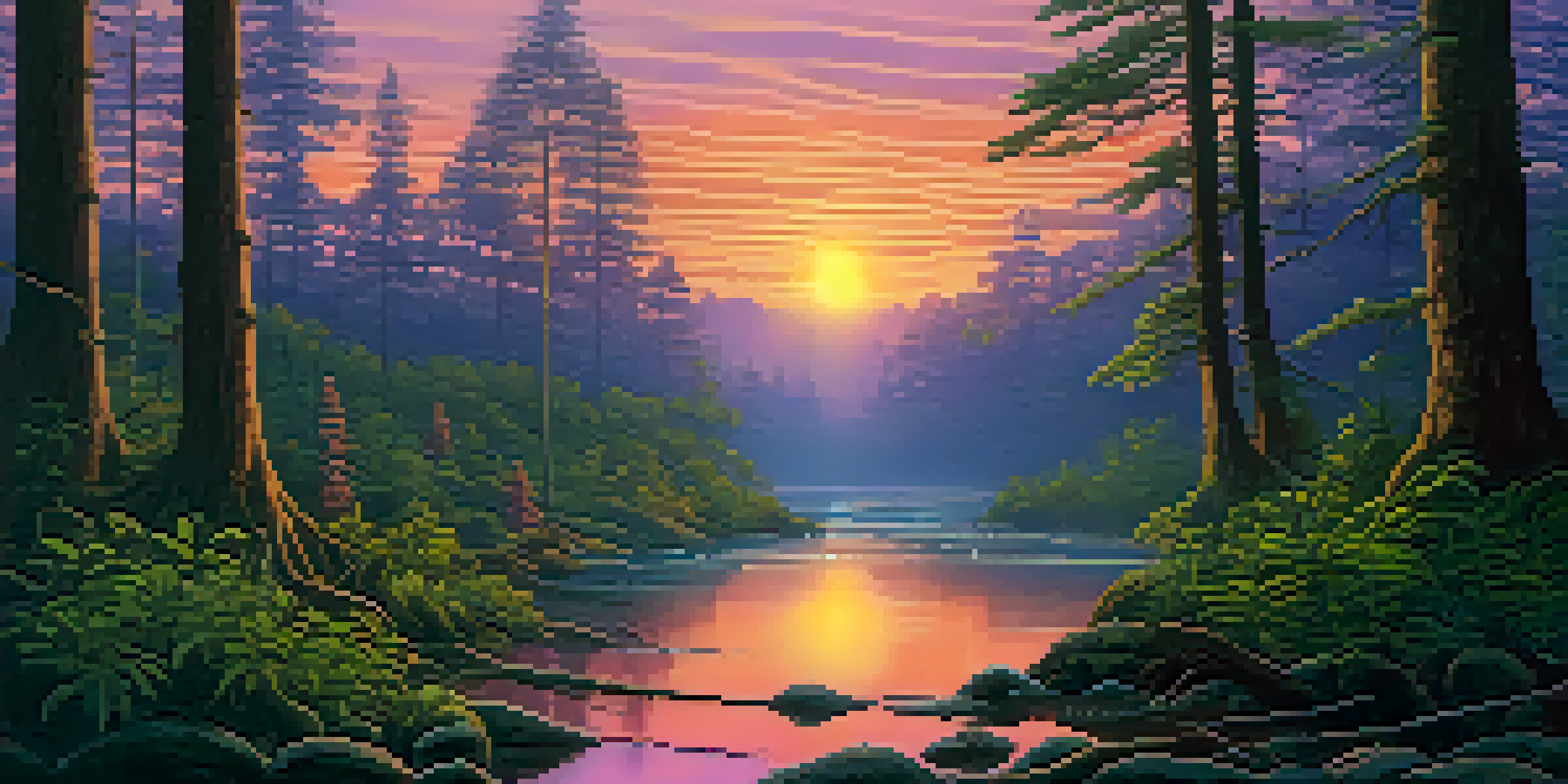 A peaceful sunset over a lush forest, showcasing sacred plants in the foreground with a tranquil river running through the landscape.