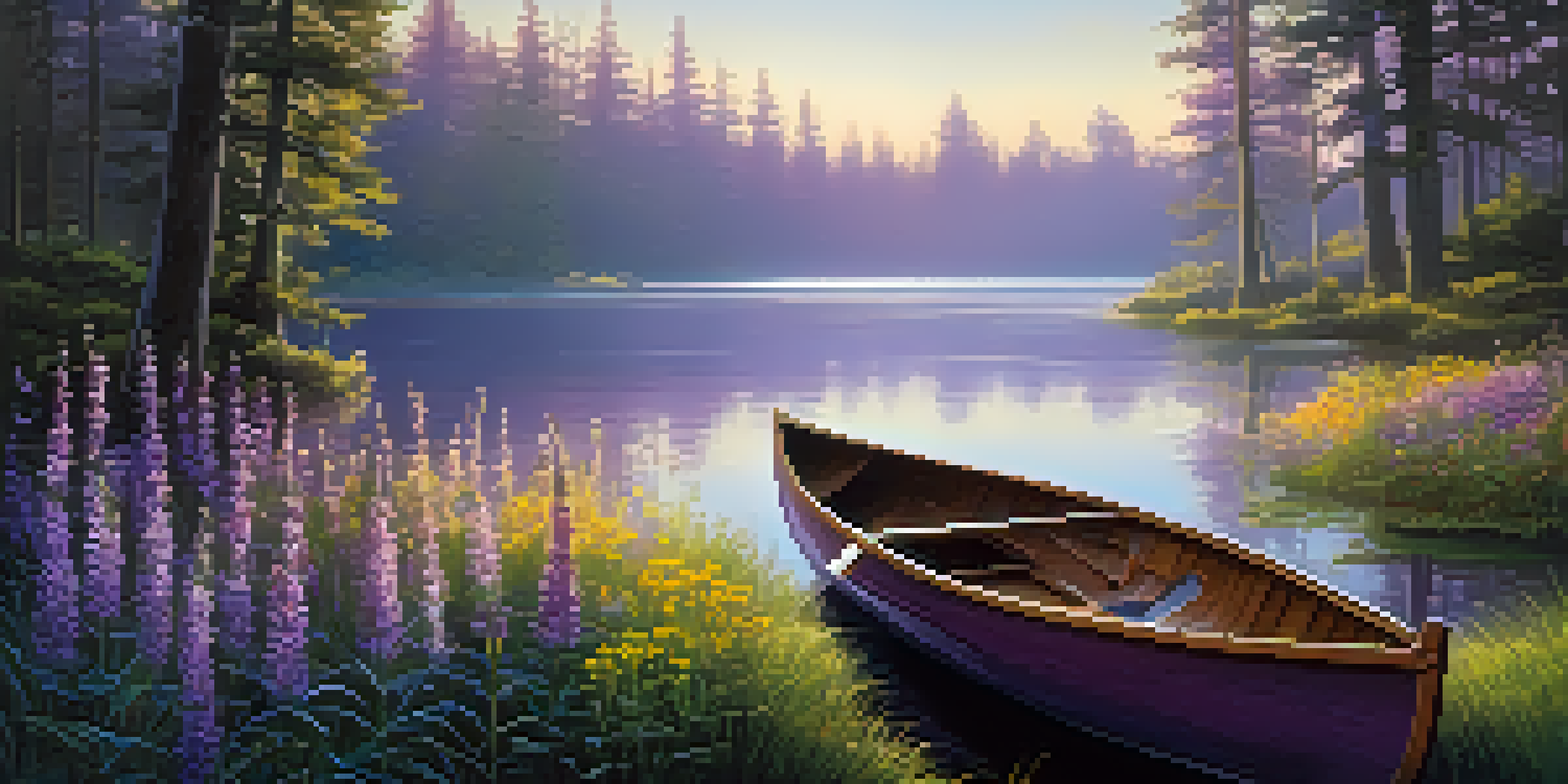 A tranquil forest scene at dawn with a misty lake, sunlight filtering through trees, and a wooden canoe at the shore surrounded by colorful wildflowers.