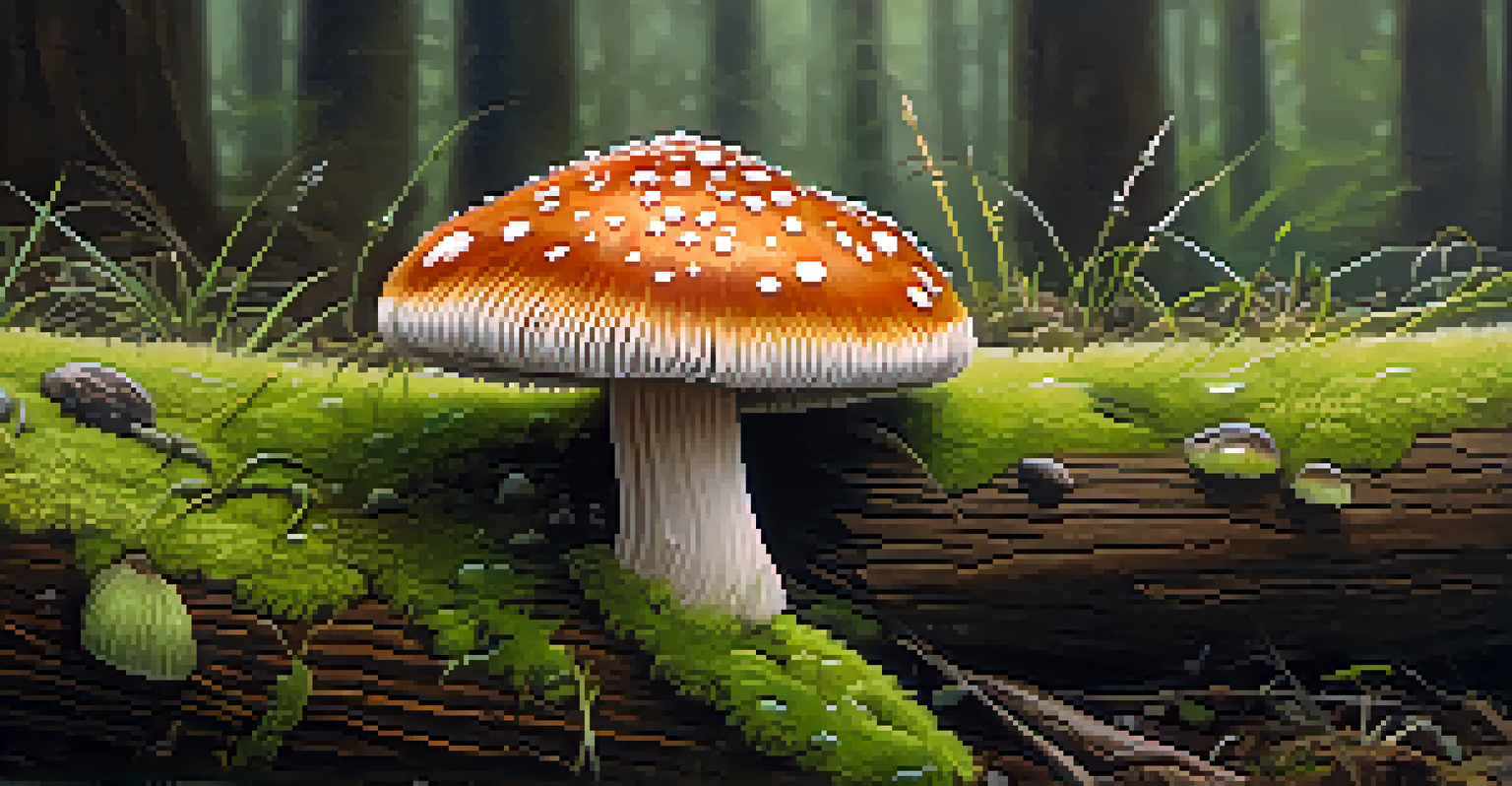 A close-up view of a psilocybin mushroom on a moss-covered log, showcasing its gills and dew drops.