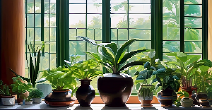 An indoor garden filled with diverse entheogenic plants under soft morning light, featuring vibrant green leaves and a soil moisture meter next to one of the plants.