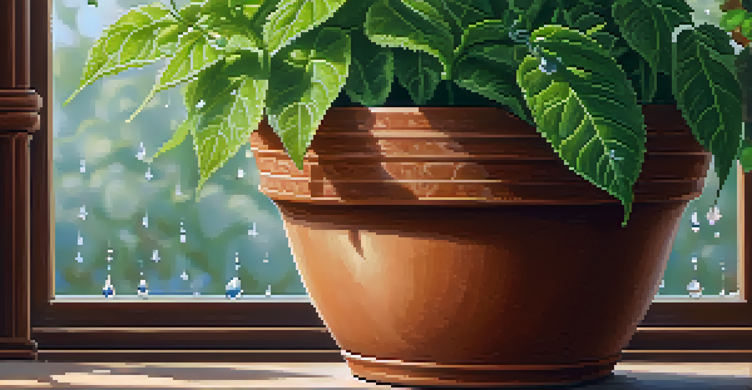 A close-up view of a tulsi plant with dew drops on its leaves, set against a soft-focus background of a traditional Indian home.