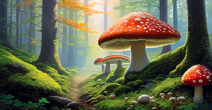 A peaceful forest with sunlight shining through trees, moss covering the ground, and colorful mushrooms visible.
