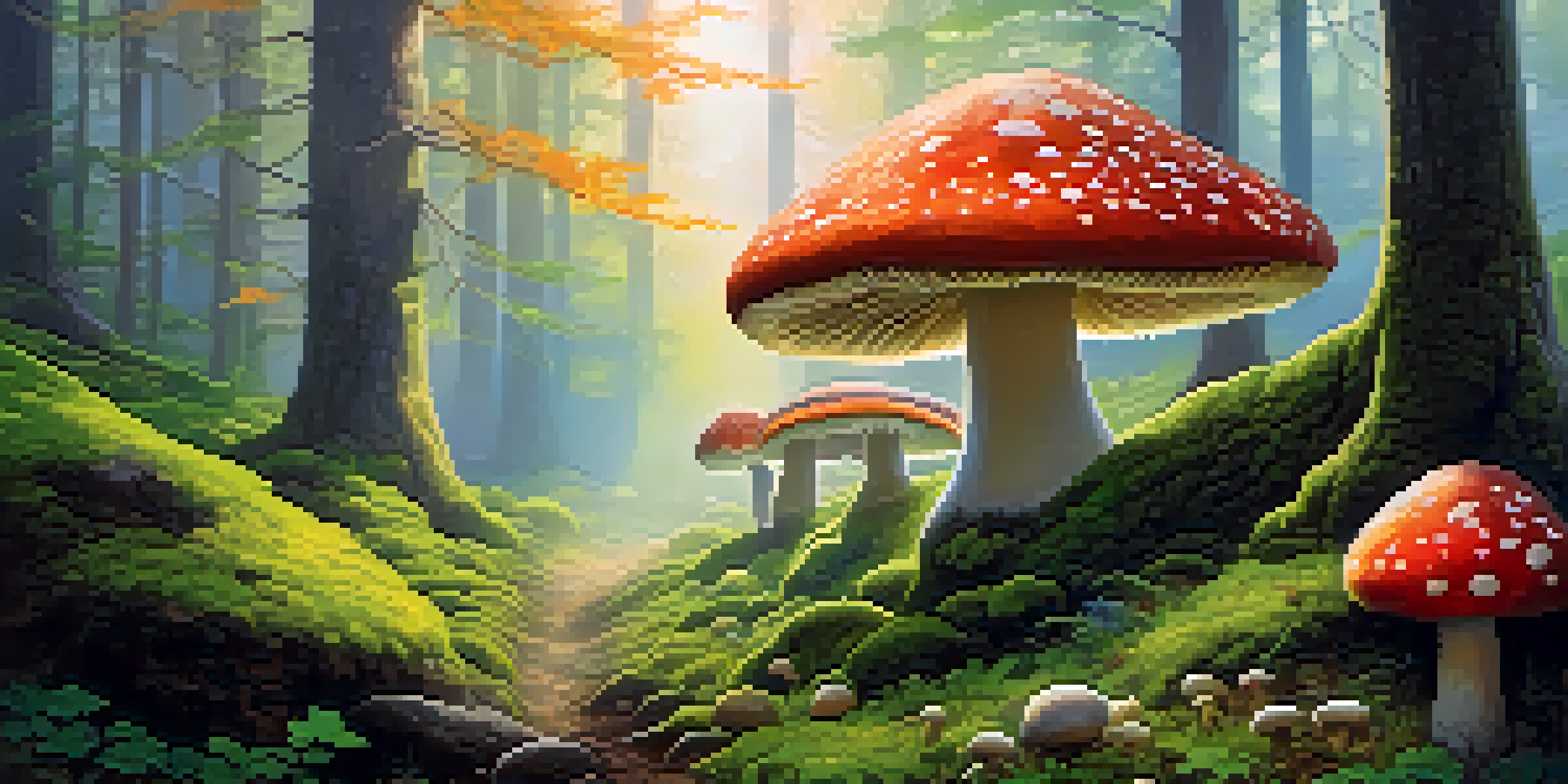 A peaceful forest with sunlight shining through trees, moss covering the ground, and colorful mushrooms visible.
