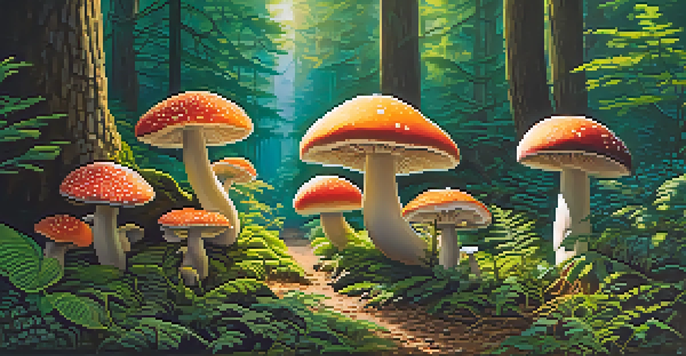 A tranquil forest with colorful psilocybin mushrooms surrounded by green plants and trees, illuminated by soft sunlight.