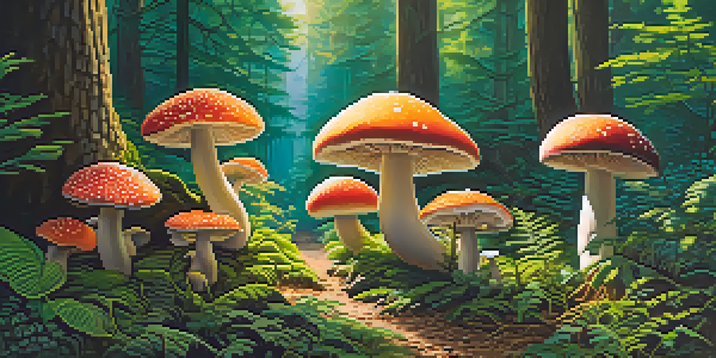 A tranquil forest with colorful psilocybin mushrooms surrounded by green plants and trees, illuminated by soft sunlight.