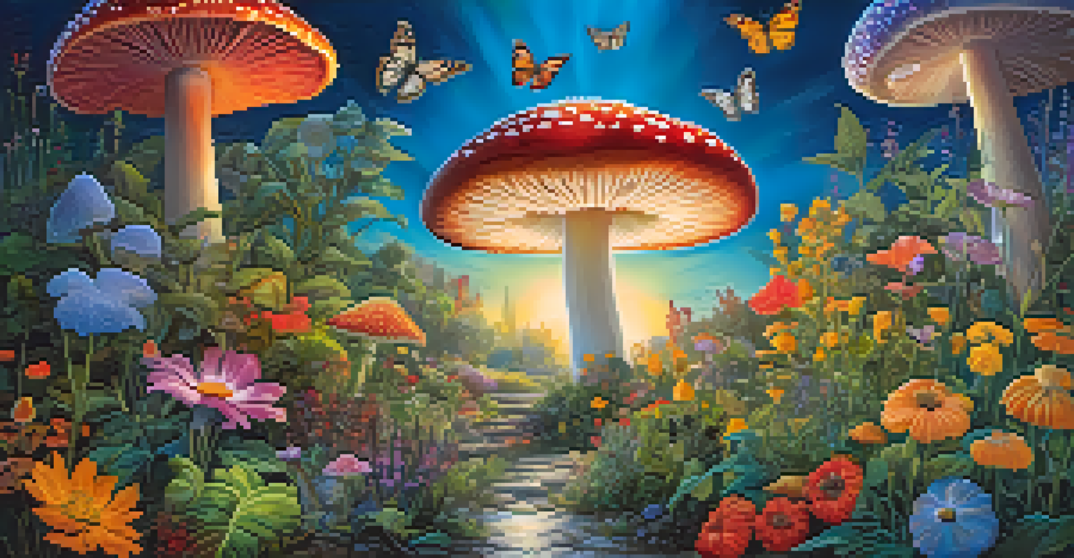 An ethereal garden with colorful plants and a luminous mushroom at the center, transitioning from day to night.