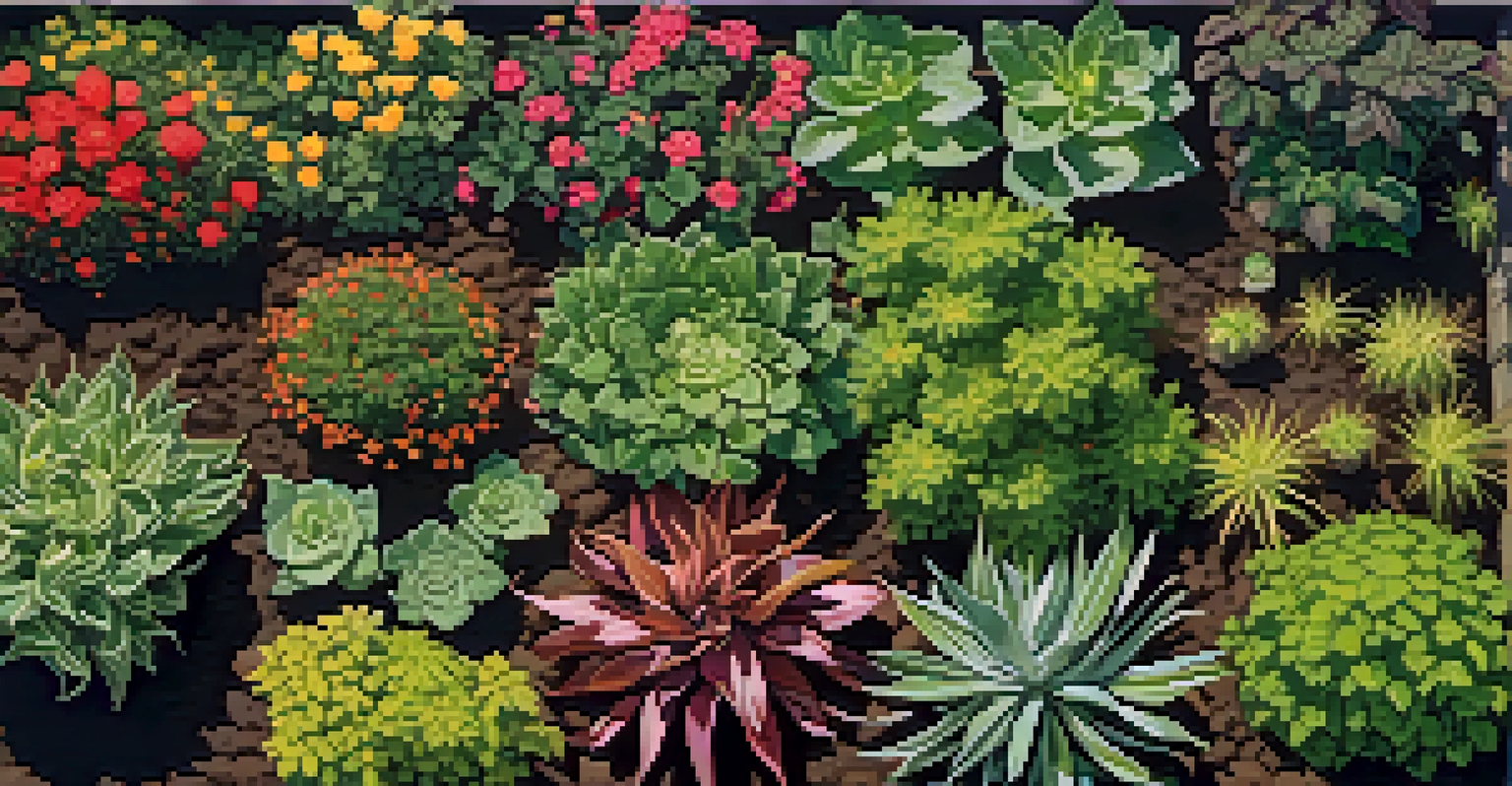 An overhead view of a garden bed with various entheogenic plants, showcasing different soil types and vibrant colors.
