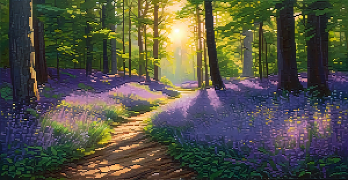 A peaceful forest path illuminated by golden sunlight, surrounded by colorful wildflowers and tall trees.