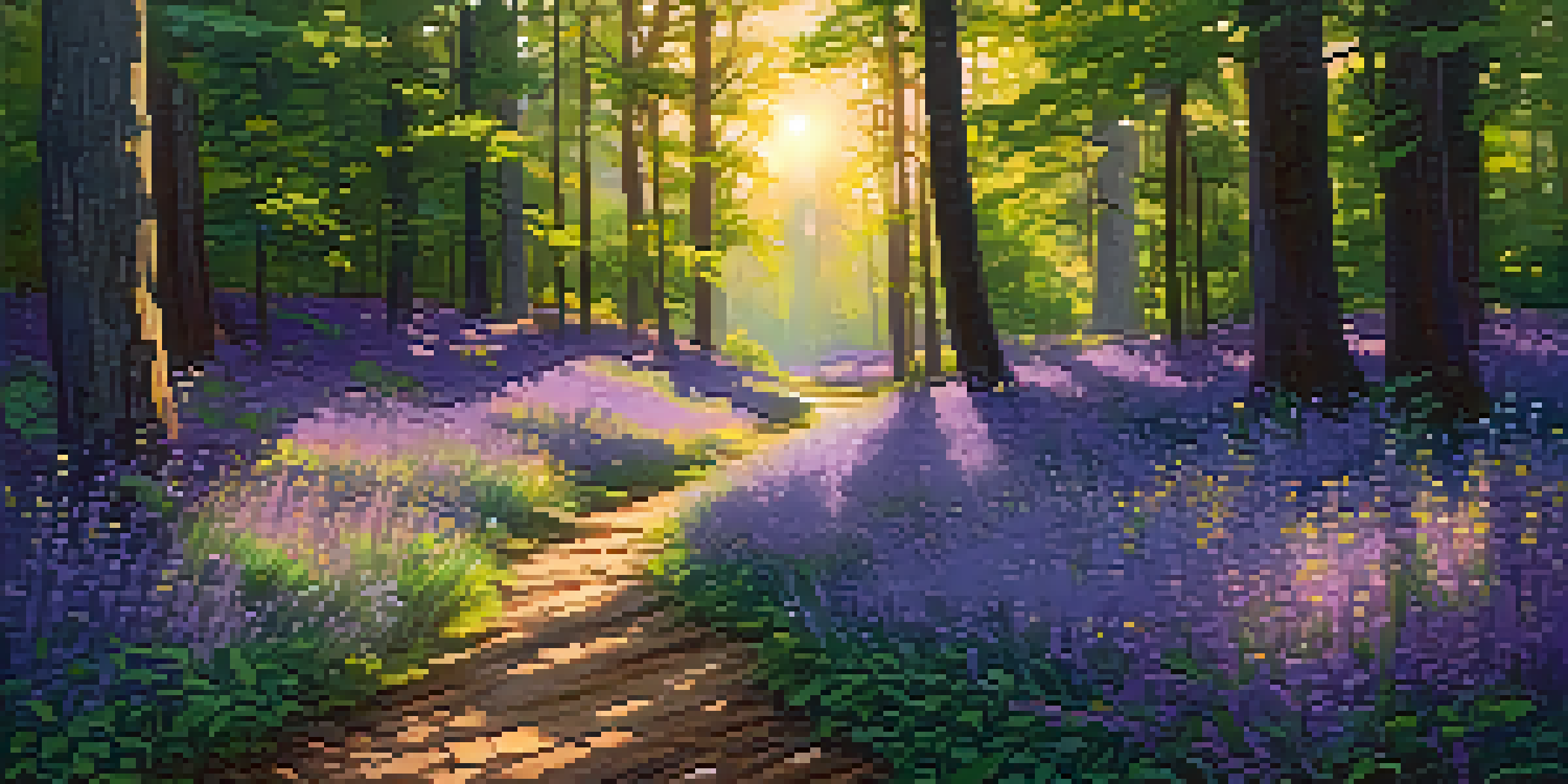 A peaceful forest path illuminated by golden sunlight, surrounded by colorful wildflowers and tall trees.