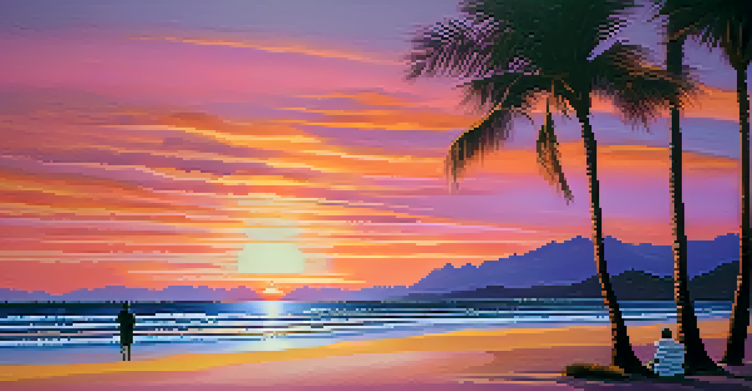 A serene beach at sunset with vibrant sky colors and a figure meditating on the sand.