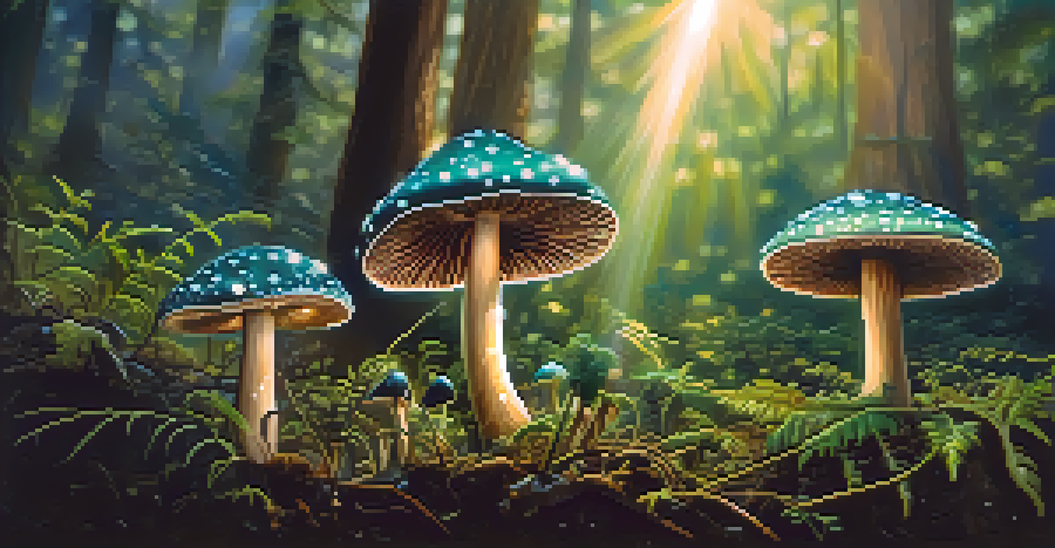 A close-up view of psilocybin mushrooms in a forest, with dew on their caps and sunlight filtering through the trees.