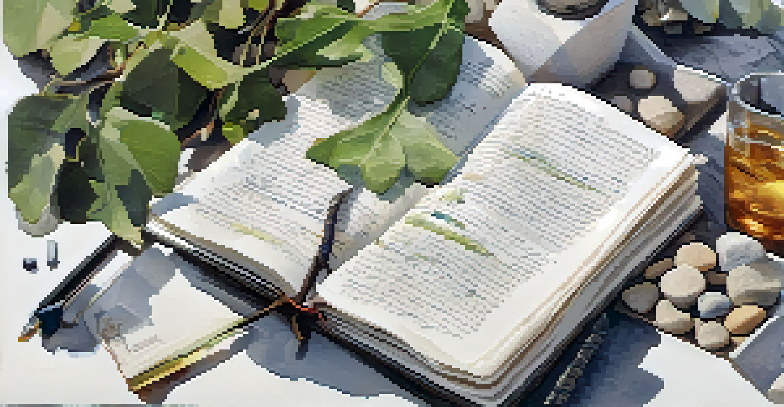 A close-up of an open journal with notes and sketches about personal growth, surrounded by leaves and stones.