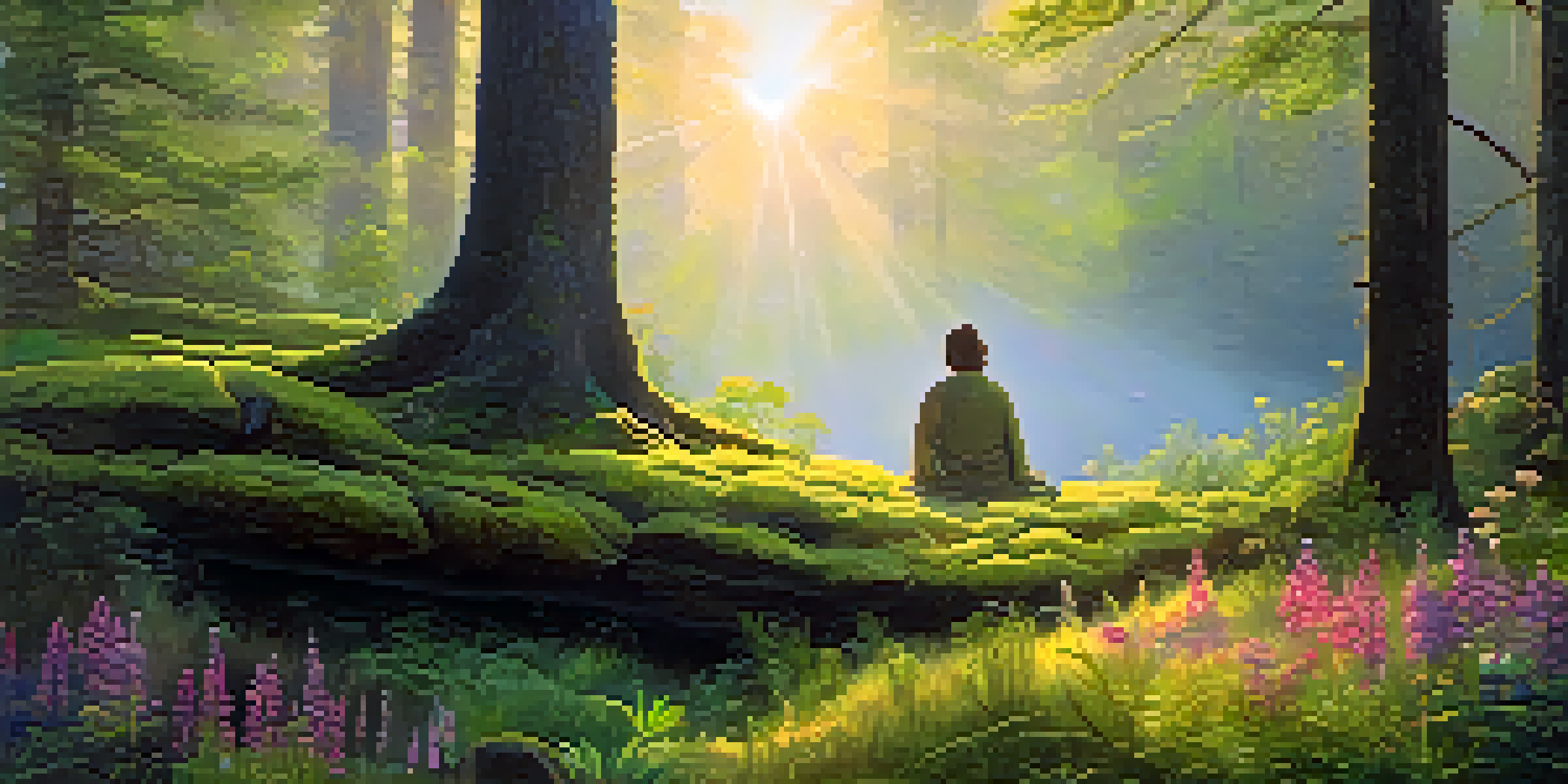 A peaceful forest at sunrise with a meditative figure on a mossy rock surrounded by wildflowers.